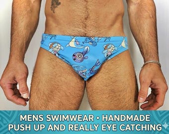 Herren-Badehose mit Videospiel-Motiv, blau – Retro-Gamer-Print – Sexy, tief sitzende Herren-Badehose – Handgefertigte Badehose mit witzigem Charakter-Print