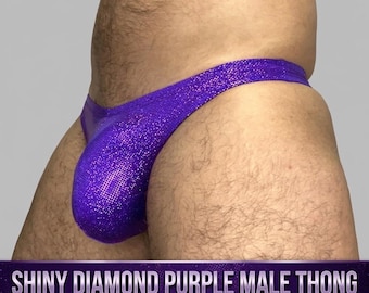 Glitzernder lila Herren-Tanga – Sexy, glänzender Herren-Tanga – Hüftiger Herren-Tanga-Badeanzug – Sexy Unterwäsche für schwule Männer