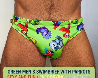 Badehose mit Papageienmuster für Herren, grüne, sexy Bademode, Badeanzug für schwule Männer, Bikini mit niedrigem Bund, handgefertigte, auffällige Sommer-Strandmode