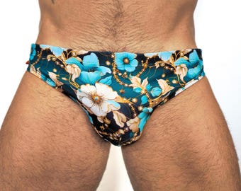 Herren-Badehose mit blauem Blumenmuster – Bademode mit Gold- und Türkisprint – Sexy, figurbetonter Bikini für Herren – Handgefertigte Sommer-Strandmode