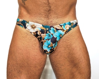 Sexy Herren-Bikini-Bademode – Bikinihose mit blau-goldenem Blumenmuster – Handgefertigte, tief sitzende Herren-Badehose – Luxuriöse Strandmode für Herren