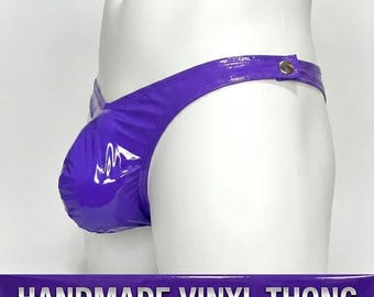 Purple Vinyl Thong for Men with Side Snaps | Gay Fetish Underwear | Sexy Low Rise Clubwear | Stretch PVC Push Up Thong | Handmade