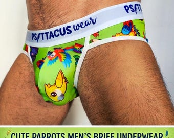 Niedliche Herren-Slips mit Papageienmotiv | Lustige Gay-Unterwäsche | Bunte Herren-Slips | Handgefertigte Slips mit Beutel | Sexy und niedliche Unterwäsche | Geschenk für ihn