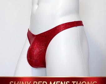 Red Sparkly Men’s Thong – Sexy Shiny Men’s Underwear – Low Rise Red Thong for Men – Gay Men Sexy Thong – Valentine or New Year Lingerie