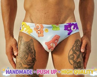 Slip de bain homme à motif dessin animé mignon | Bikini push-up Gay Pride | Maillot de bain ours en peluche kawaii | Tenue de plage taille basse pour festival | Fait main