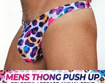 Bunte Herren-Tangas mit Leopardenmuster – Sexy, tief sitzende Herren-Tangas – Rosa-blauer Tanga mit Tiermuster – Exotische Unterwäsche für schwule Männer