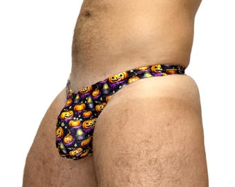 Halloween-Badehose für Herren mit Kürbismotiv – Sexy Bikinihose mit niedrigem Bund – Kürbis-Print – Handgefertigte Herren-Badehose – Gay-Bademode