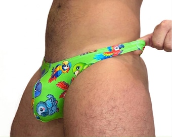 Grüner Papageien-Tanga für Herren – Push-up-Unterwäsche – Handgefertigte, sexy Herrenwäsche – Niedliche Unterwäsche mit Vogelmuster für Schwule – Exotischer Tanga