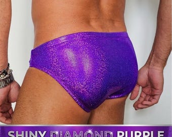 Shiny Diamond Purple Mens Swimwear - Sparkly Metallic Low Rise Swim Briefs - Handmade Premium Men's Bikini Swimsuit - Festival & Beach Party