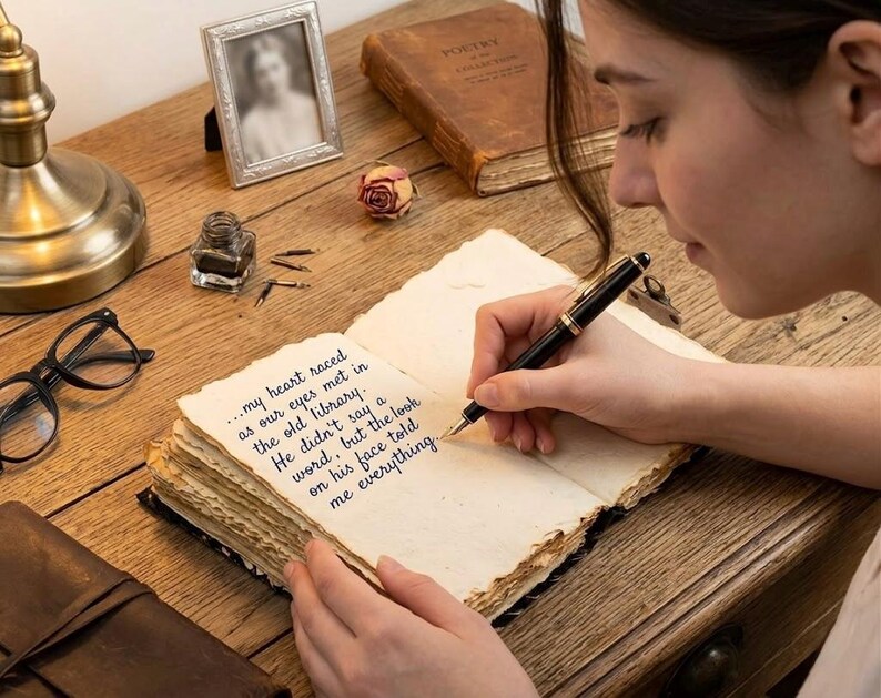 Op de afbeelding: Een persoon schrijft in een oud boek met een vulpen. Het open boek toont handgeschreven tekst. Een ingelijste foto, een inktpot, een bril en een gedroogde roos liggen op het houten bureau. De tekst in het boek luidt: "...mijn hart sloeg sneller toen onze ogen elkaar ontmoetten in de oude bibliotheek."