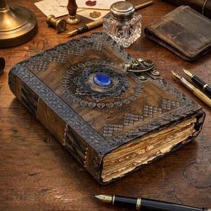 Op de afbeelding: Een vintage, ledergebonden dagboek met ingewikkelde reli&euml;fontwerpen en een centrale blauwe edelsteen. Het dagboek heeft verouderde pagina's en sierlijke metalen sluitingen, wat een historische of antieke uitstraling geeft. Er zijn schrijfgereedschappen.