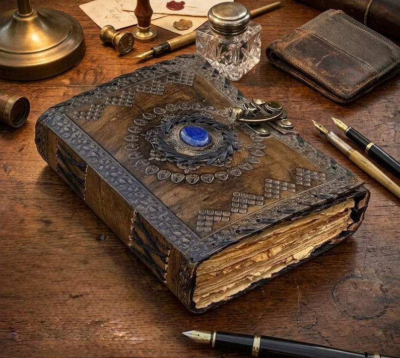 Op de afbeelding: Een vintage, ledergebonden dagboek met ingewikkelde reli&euml;fontwerpen en een centrale blauwe edelsteen. Het dagboek heeft verouderde pagina's en sierlijke metalen sluitingen, wat een historische of antieke uitstraling geeft. Er zijn schrijfgereedschappen.