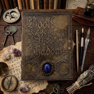 May include: An ornate, aged book cover embossed with the words "Book of Shadows", a pentagram, and crescent moons. The image also features keys, crystals, a compass, pens, and dried herbs, suggesting a mystical aesthetic.