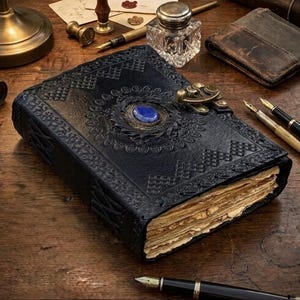 Op de afbeelding: Een zwart leren notitieboek met ingewikkelde reli&euml;fontwerpen en een blauwe edelsteen in het midden. Het notitieboek is gesloten met een decoratieve sluiting en heeft verouderde, vergeelde pagina's. Pennen, een inktpot en schrijfwaren liggen in de buurt.