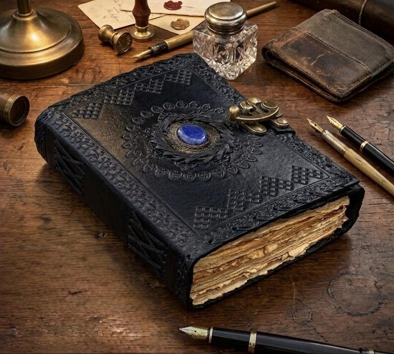 Op de afbeelding: Een zwart leren notitieboek met ingewikkelde reli&euml;fontwerpen en een blauwe edelsteen in het midden. Het notitieboek is gesloten met een decoratieve sluiting en heeft verouderde, vergeelde pagina's. Pennen, een inktpot en schrijfwaren liggen in de buurt.