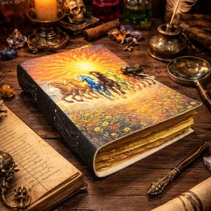 Horse Pattern Leather Journal, Equestrian Grimoire, Vintage Spell Book, 7x5 Notebook