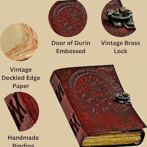 May include: A brown leather journal with embossed design and a vintage brass lock. The journal features handmade binding and vintage deckled edge paper. The cover is embossed with the words "Door of Durin".
