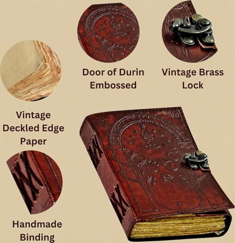 May include: A brown leather journal with embossed design and a vintage brass lock. The journal features handmade binding and vintage deckled edge paper. The cover is embossed with the words "Door of Durin".