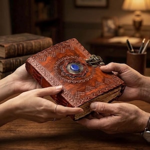 Op de afbeelding: Een gedetailleerd, bruin leren dagboek met een sierlijk ontwerp en een blauwe stenen middelpunt. Het dagboek wordt door twee handen vastgehouden, waarbij de ingewikkelde reli&euml;fpatronen en de metalen sluiting worden getoond. De pagina's zijn verouderd.