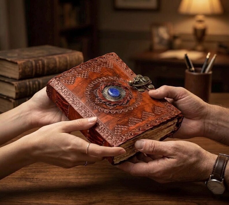 Op de afbeelding: Een gedetailleerd, bruin leren dagboek met een sierlijk ontwerp en een blauwe stenen middelpunt. Het dagboek wordt door twee handen vastgehouden, waarbij de ingewikkelde reli&euml;fpatronen en de metalen sluiting worden getoond. De pagina's zijn verouderd.