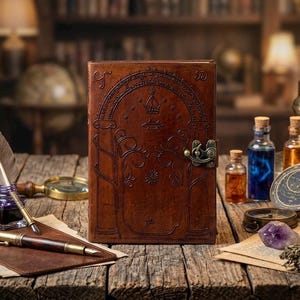 May include: A brown leather journal with an embossed design, a brass clasp, and a collection of vintage items. A quill pen, inkwell, magnifying glass, and bottles of colored liquids are arranged on a wooden surface, evoking a sense of history and craftsmanship.