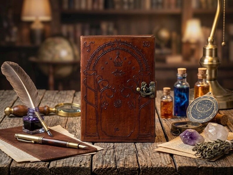 May include: A brown leather journal with an embossed design, a brass clasp, and a collection of vintage items. A quill pen, inkwell, magnifying glass, and bottles of colored liquids are arranged on a wooden surface, evoking a sense of history and craftsmanship.