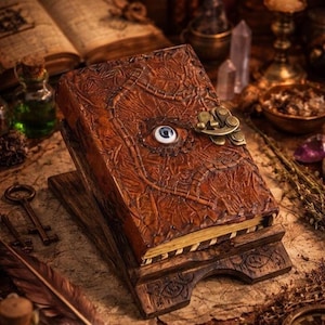 Op de afbeelding: Een bruin, ledergebonden boek met een oogvormige versiering en een messing sluiting. Het boek staat op een houten standaard, met sleutels en een veer in de buurt. De kaft van het boek heeft een getextureerd, verouderd uiterlijk, wat wijst op een vintage- of fantasiethema.