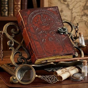 May include: A vintage-style leather-bound journal with an embossed design, displayed on an ornate metal stand. The scene includes a magnifying glass, quill pen, and small glass bottles, evoking a classic, scholarly aesthetic. The journal is a rich brown color.