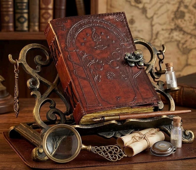 May include: A vintage-style leather-bound journal with an embossed design, displayed on an ornate metal stand. The scene includes a magnifying glass, quill pen, and small glass bottles, evoking a classic, scholarly aesthetic. The journal is a rich brown color.