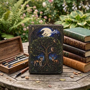 May include: A rectangular journal with a dark cover featuring a central tree, a wolf, a deer, an owl, and a raven under a full moon. Beside it sits a wooden box containing several pens and pencils, next to a stack of five hardback books.