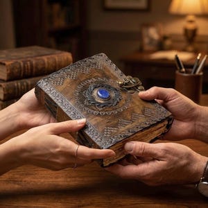 Op de afbeelding: Een gedetailleerd notitieboek in antieke stijl met een houten kaft en sierlijke metalen accenten. Het notitieboek heeft een grote blauwe steen in het midden en een metalen sluiting. Het boek wordt door twee personen vastgehouden, wat wijst op een cadeau of uitwisseling.