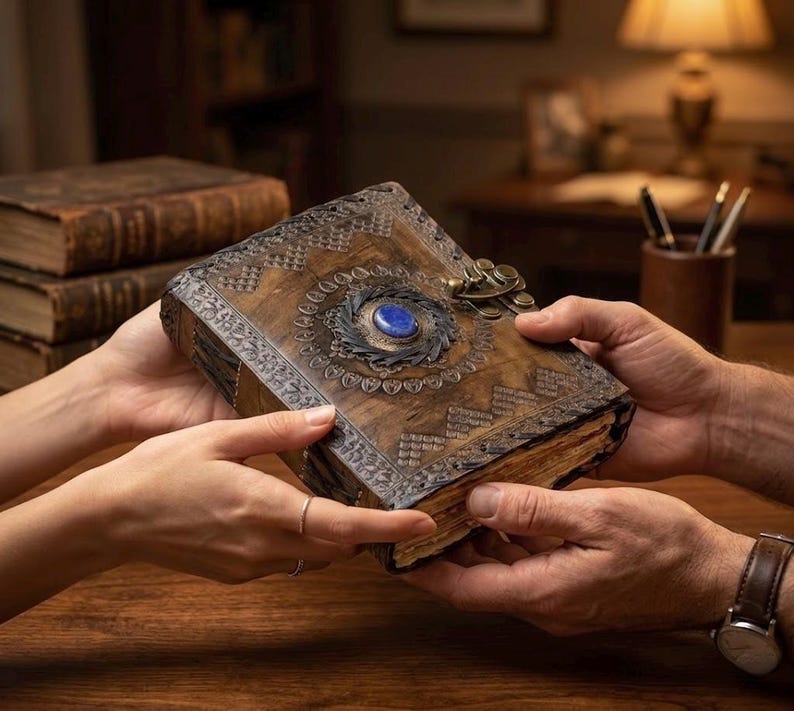 Op de afbeelding: Een gedetailleerd notitieboek in antieke stijl met een houten kaft en sierlijke metalen accenten. Het notitieboek heeft een grote blauwe steen in het midden en een metalen sluiting. Het boek wordt door twee personen vastgehouden, wat wijst op een cadeau of uitwisseling.