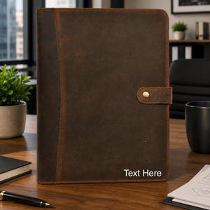 May include: A dark brown leather portfolio folder featuring a vertical stitched panel on the left side, a snap button closure on the right, and the words Text Here printed in white on the bottom right corner of the front cover.