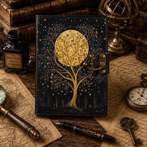 Könnte beinhalten: Ein dunkelblaues Notizbuch mit einem Baum- und Monddesign, gesichert mit einem Metallverschluss. Das Bild enthält eine Lupe, eine Tintenflasche, eine Taschenuhr und andere Vintage-Artikel, die ein literarisches oder Fantasy-Thema schaffen.