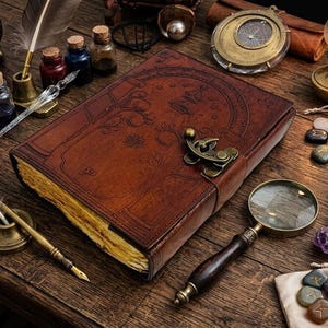 May include: A brown leather-bound journal with an ornate clasp sits on a wooden table, surrounded by vintage accessories. A magnifying glass, ink bottles, a compass, and a lit oil lamp add to the antique aesthetic. Feathers and crystals complete the mystical theme.