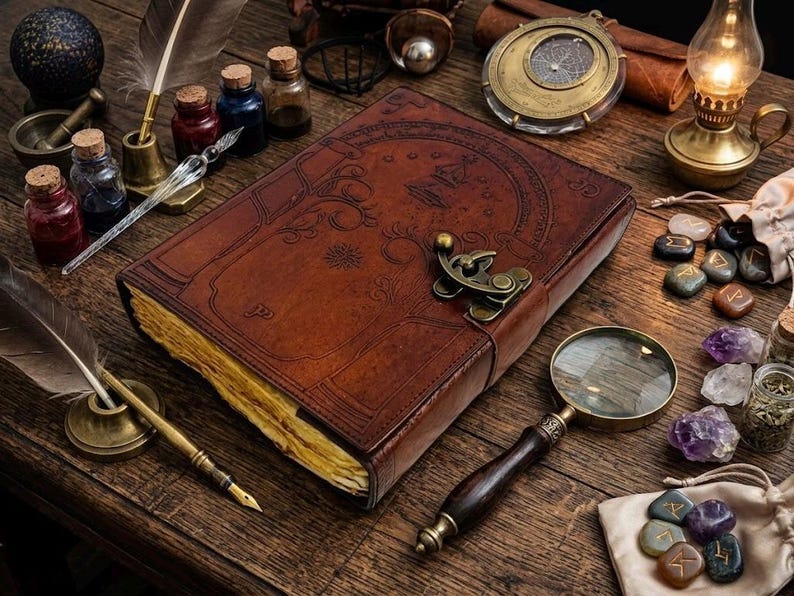 May include: A brown leather-bound journal with an ornate clasp sits on a wooden table, surrounded by vintage accessories. A magnifying glass, ink bottles, a compass, and a lit oil lamp add to the antique aesthetic. Feathers and crystals complete the mystical theme.