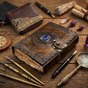 Op de afbeelding: Een assortiment mystieke items op een houten oppervlak, waaronder een leren dagboek met een blauwe steen, pennen, een kompas, een vergrootglas, een kleine fles en een bundel kruiden. De items zijn gerangschikt in een stilleven.
