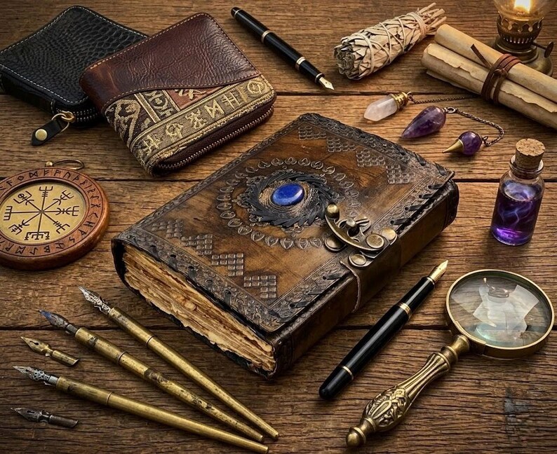 Op de afbeelding: Een assortiment mystieke items op een houten oppervlak, waaronder een leren dagboek met een blauwe steen, pennen, een kompas, een vergrootglas, een kleine fles en een bundel kruiden. De items zijn gerangschikt in een stilleven.