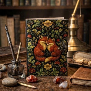 May include: A rectangular journal with a dark cover featuring a floral pattern and two foxes facing each other. The journal has a metal latch closure. Beside it are an inkwell with a pen, a pencil, several smooth stones, and a small address book.