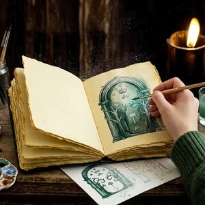 May include: An open, aged-looking book with a watercolor illustration of a door. A hand with a paintbrush is adding details to the drawing. Paintbrushes, a glass of water, and candles are also visible.