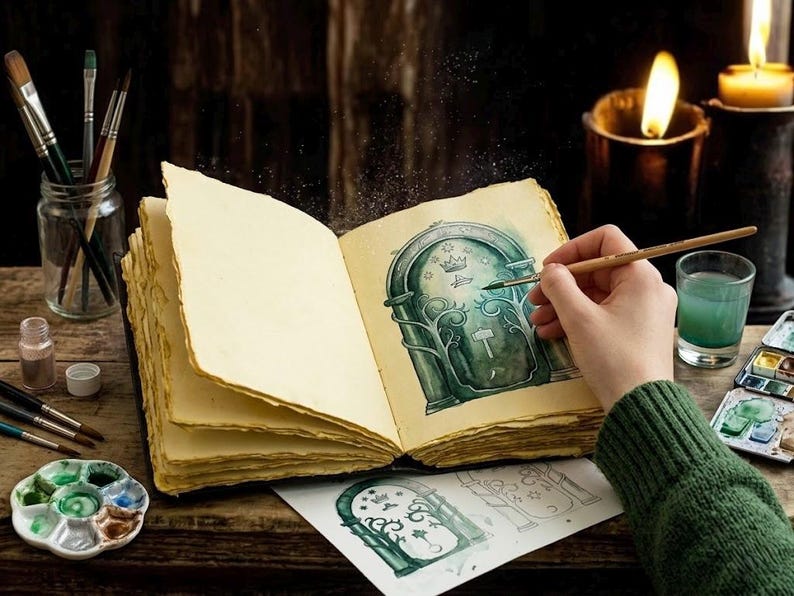 May include: An open, aged-looking book with a watercolor illustration of a door. A hand with a paintbrush is adding details to the drawing. Paintbrushes, a glass of water, and candles are also visible.