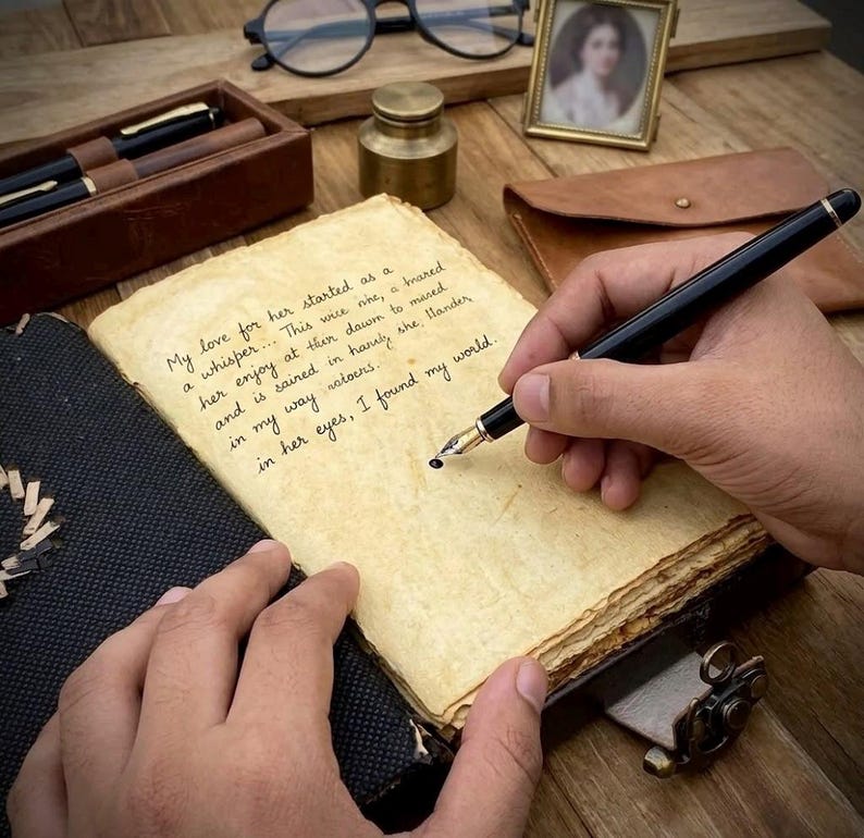 Op de afbeelding: Een zwarte vulpen schrijft op verouderd papier in een vintage dagboek. De tekst op de pagina luidt: "Mijn liefde voor haar begon als een fluistering... in haar ogen, vond ik mijn wereld." Andere items zijn een etui, een inktpot en een ingelijst portret.