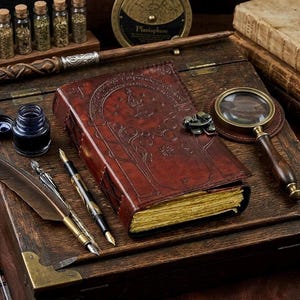 May include: A vintage-style leather-bound journal with embossed tree and star designs, a magnifying glass, and various writing tools. The scene includes ink bottles, quills, and pens, all arranged on a wooden box.