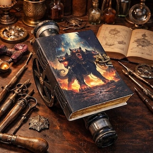 Puede incluir: Imagen de un libro de fantasía con una ilustración de un perro de tres cabezas en la portada, montado sobre un soporte con ruedas. La imagen muestra herramientas antiguas, libros y botellas en una combinación de colores marrón, dorado y negro.