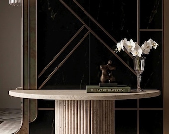 Handmade Travertine Console Table – Ribbed Fluted Pillar Entryway Dresuar