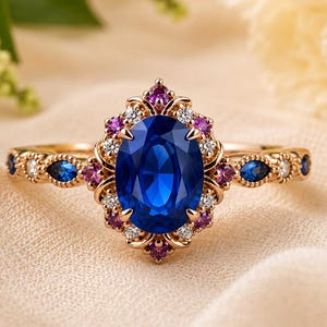 May include: A rose gold ring featuring a large oval-cut blue center stone, surrounded by a halo of small round pink and white stones. The band is decorated with alternating marquise-cut blue stones and small round white stones in metal settings.