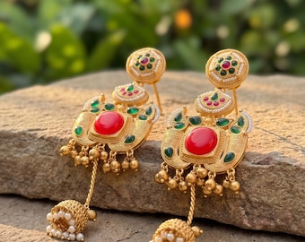 Kashmiri Long Drop Jhumka Earrings | Antique Gold Plated Pearl Statement Jewelry