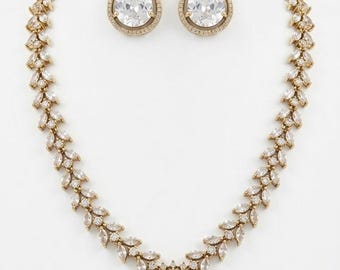 Asavari Plated Necklace Set: Jaipur Heritage Pendant Drop Earrings, Teardrop Stone Wedding Jewelry