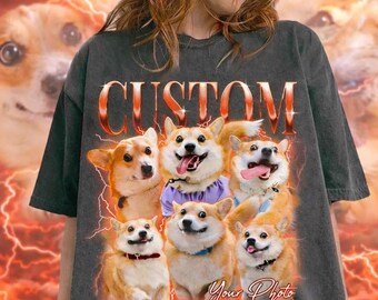 Custom Pet Portrait Dog T-Shirt: Retro 90s Bootleg Rap Style Graphic Tee