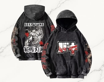 Vintage Washed Anime Fighter Hoodie – Oversized Harajuku Streetwear Sweatshirt – Unisex Plus Size Cotton Pullover
